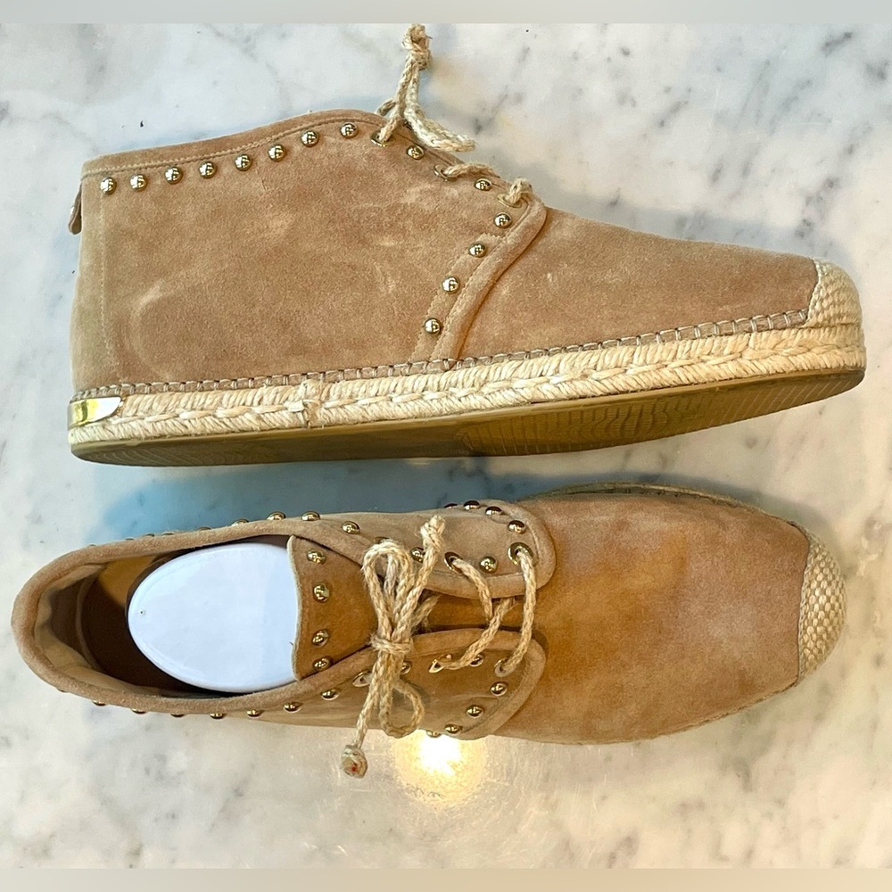 Stuart Weitzman The Mojave Espadrille Booties, tan suede, rivets, jute, 11.5